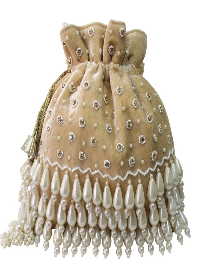MILAN'S CREATION Pearl-Tassels Potli Bag Hand Embroidery Drawstring Velvet Potli Women's Handbag Purse With Pearl Handle & Tassel Purse (Gold) - Image 4